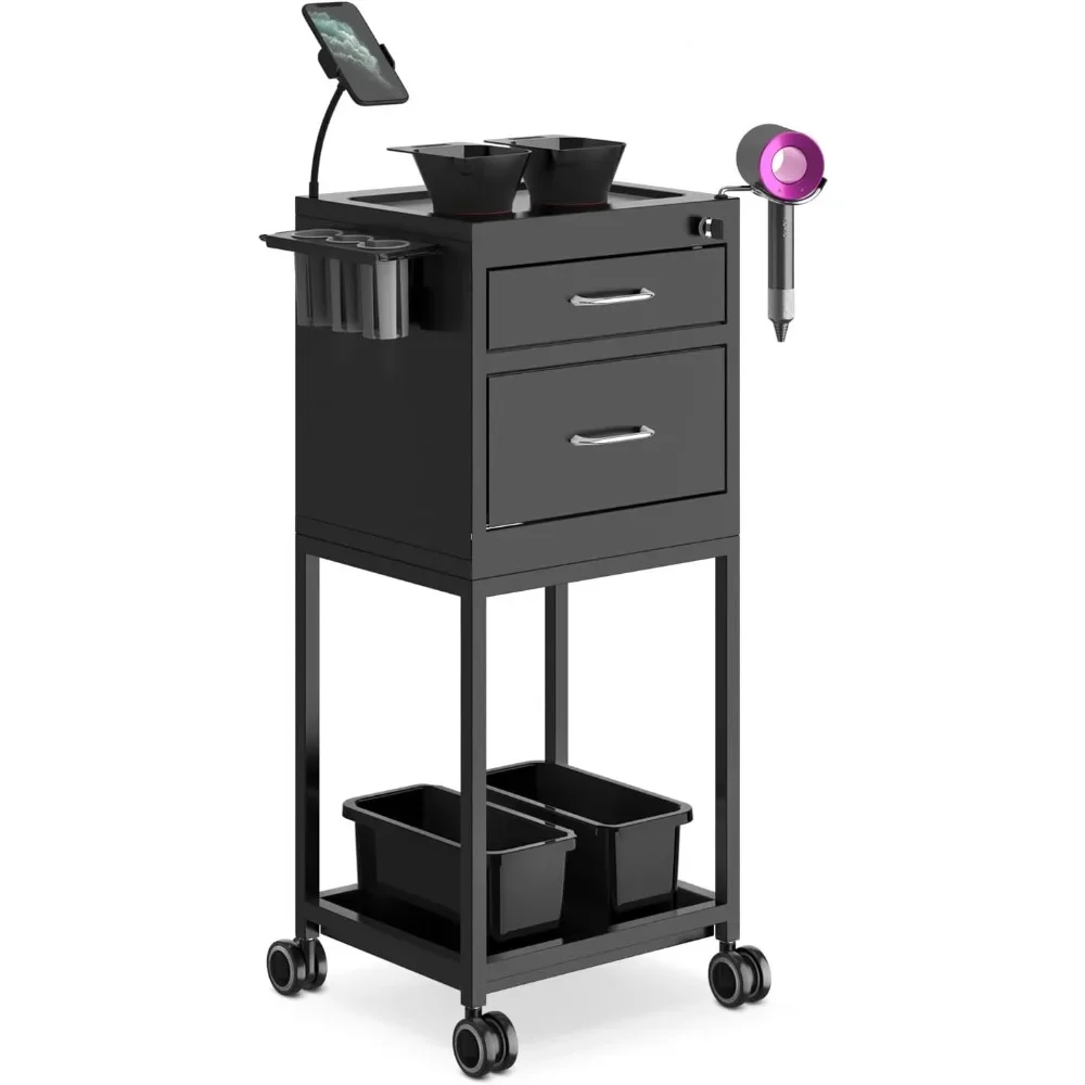 

Salon Cart Lockable Metal Storage Cart Salon Trolley with Wheels Sturdy Rolling, High End Trolley w/ 2 Magnetic Bowls for Salon