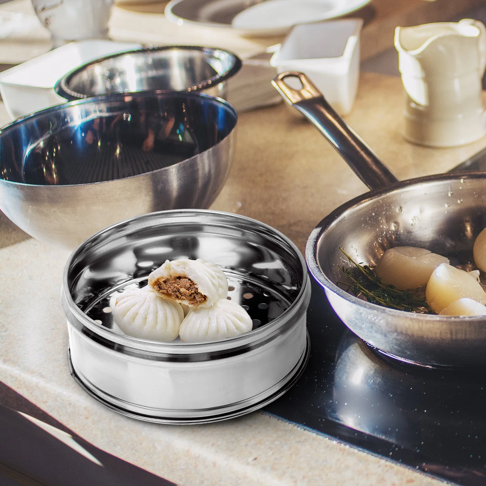 

1Pcs Steamer Lid Stainless Steel Food Steamer Basket Household Kitchenware Versatile Steaming Plate for Fish Beef Pork Poultry