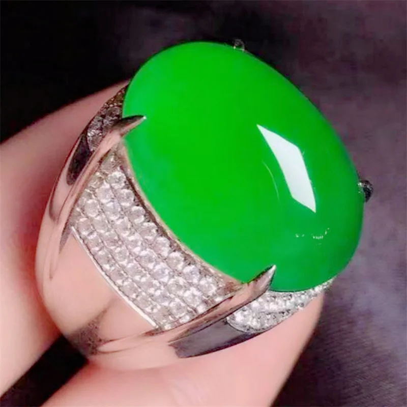 Luxury Stones Jade Egg Shaped Ring For Men Jewelry Fashion 925 Sterling Silver Ring Open Size Male Cool Finger Accessories