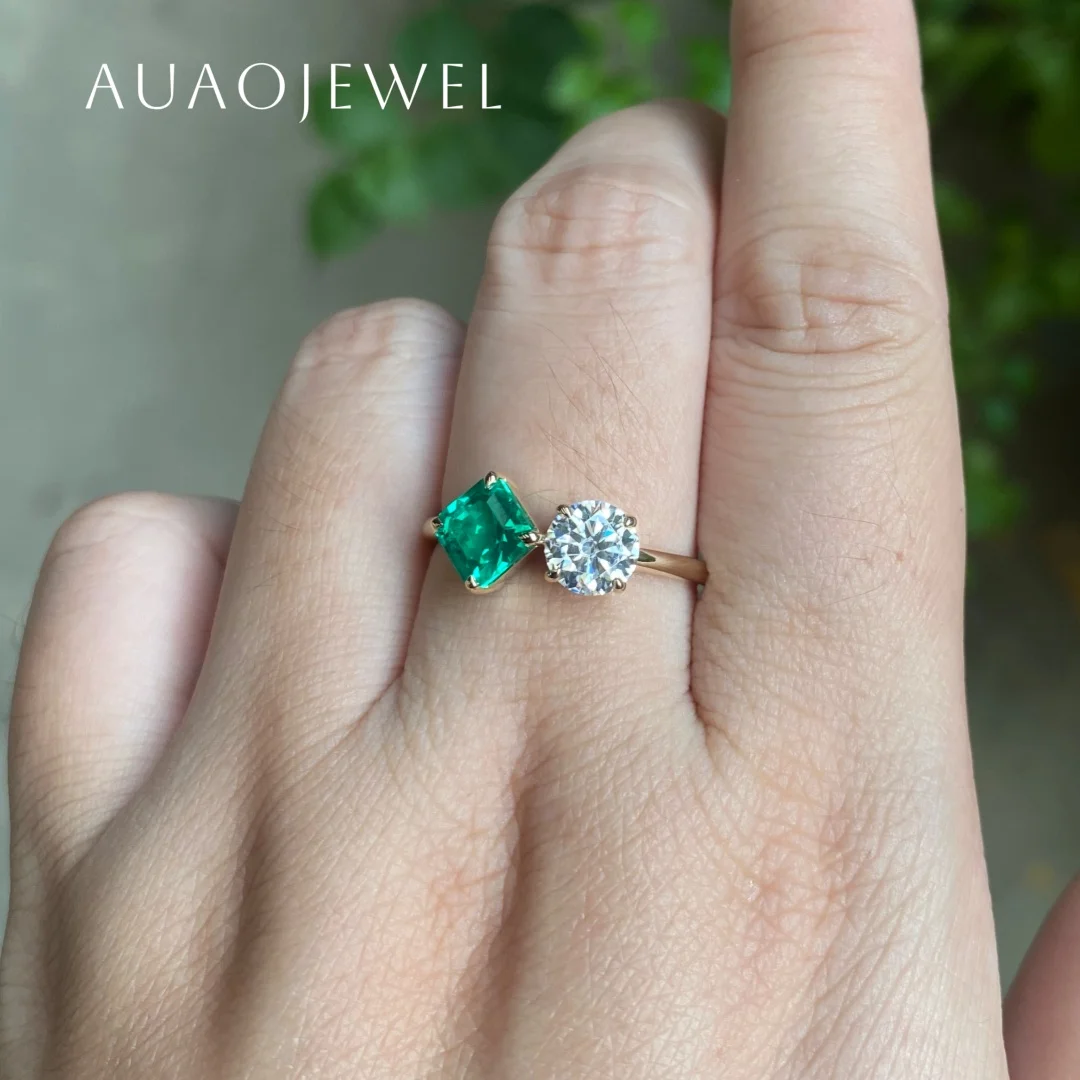 

AUAOJEWEL 6.5Mm Asscher Lab Emerald Fashion Rings 6.5Mm Engagement Ring Moissanite 18K 9K 14K Real Gold Jewelry Anniversary Gift