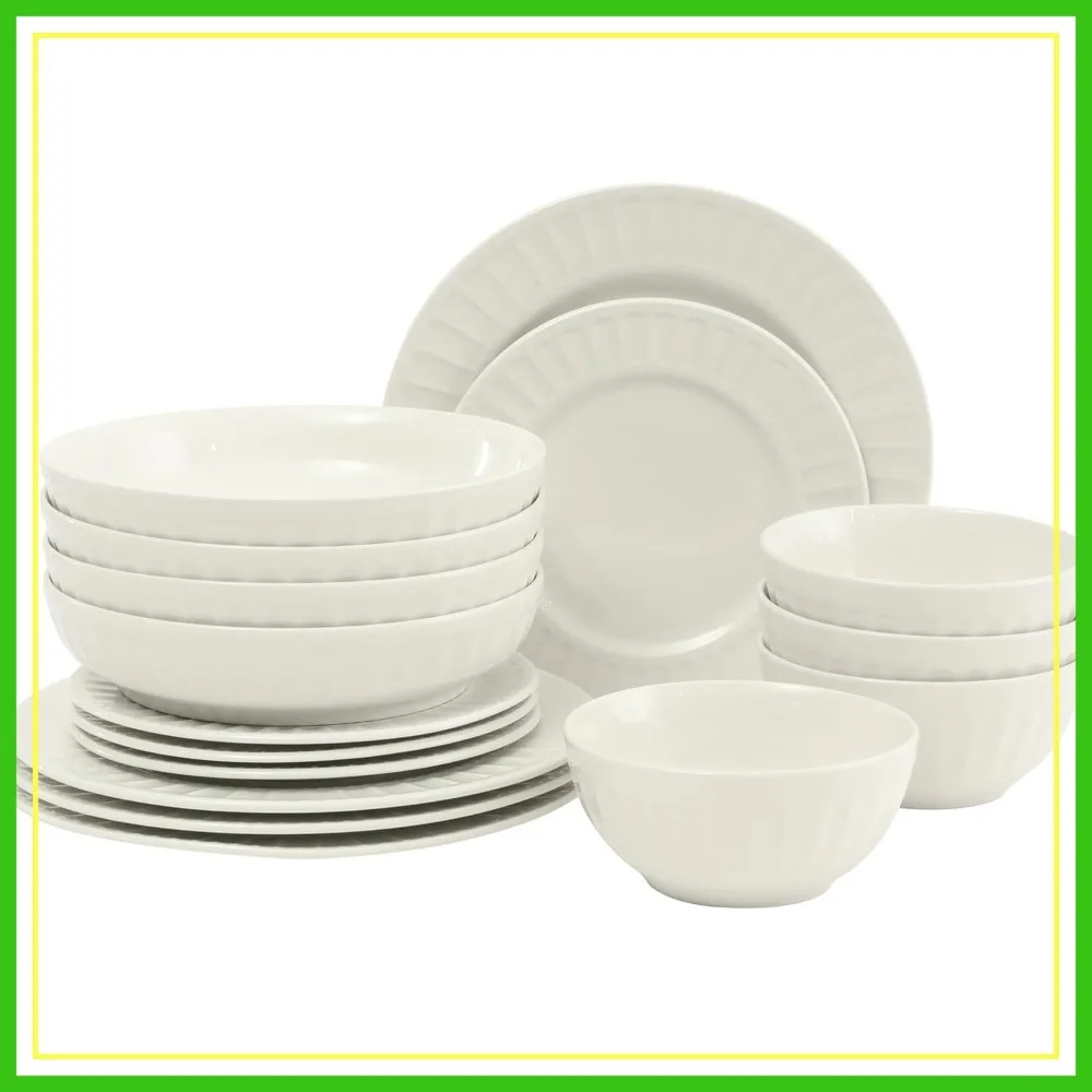 

16-Piece Embossed Ceramic Dinnerware Set - Service for 4 - Includes Pasta Bowls