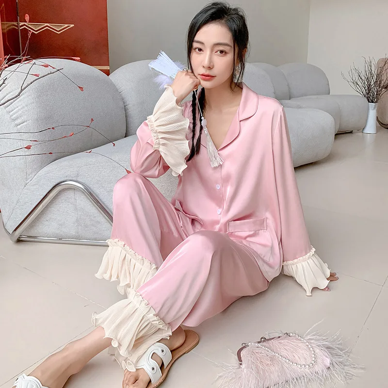 Elegant Home Clothing Rayon Sleepwear Pink Sleep Set Women Loungewear Sexy Lapel Shirt&pants Elegant Pyjamas Suit Nightwear