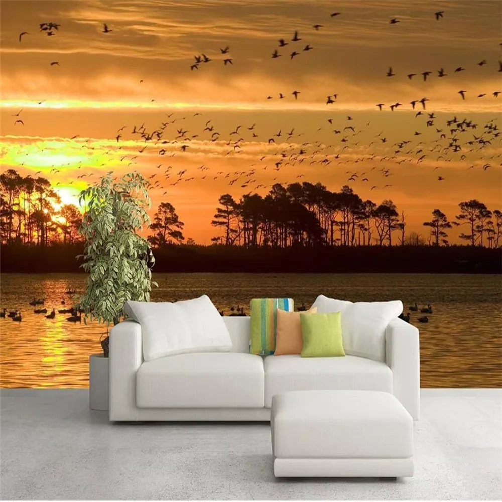 Custom 3D Wall Mural Southeast Asia Coconut Tree Seascape Dusk Living Room TV Background Sunset Coconuts by Sea Photo Scene