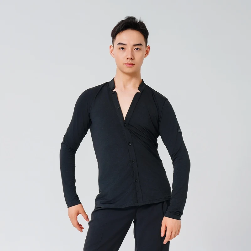 

2024 New Men's Latin Dance Training Clothes Adult V-neck Long Sleeve Slimming Split Set Men's Ballroom Competition Tops XH1118