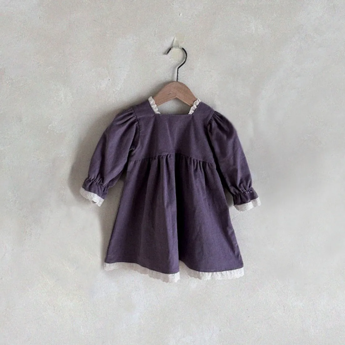 2026 Spring New Baby Girl Lantern Sleeve Casual Dress Infant Solid Corduroy Dress Toddler Cute Lace Princess Dress Kids Clothes