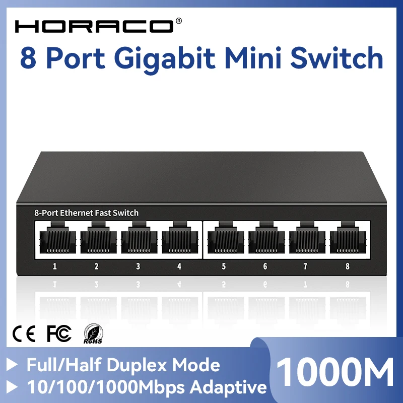 

HORACO 8 Port Gigabit Network Switch Unmanaged 1000M Switch Desktop Plug and Play Ethernet Switch