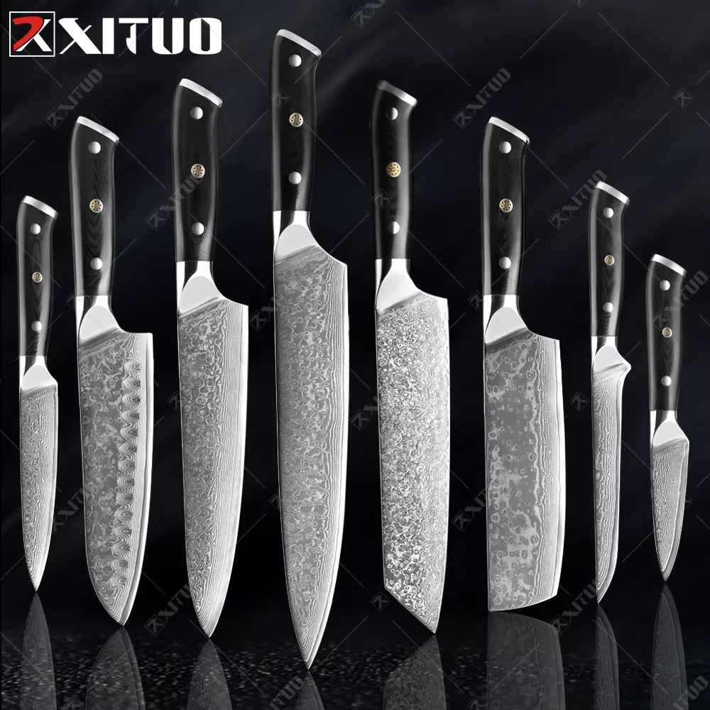 XITUO Damascus Kitchen Knife 1-9PC 67 Layers Japan Damascus Steel Chef Knife Sharp Sankotu Cleaver Boning Paring Knife G10 Handl