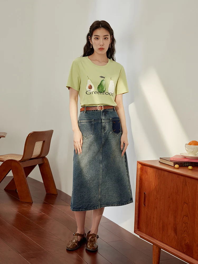 DUSHU 【Long+Short Skirt】Retro Wash Denim Blue Women Skirts Design Sense Cotton Summer New Women Long High Waist A-LINE Skirts