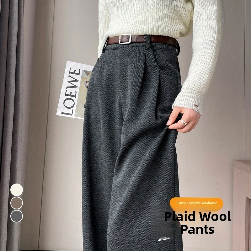 ارتفاع الخصر صوف مبطن بنطال ذو قصة أرجل واسعة الخريف الشتاء نمط جديد بناطيل كاجوال المرأة الطابق طول السراويل نمط المدينة #2