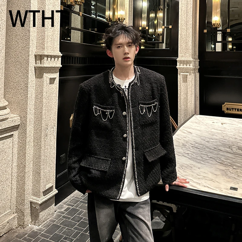 

WTHT Fashion Men's Heavy Industy Spliced Metal Design Coats Trendy O-neck Single Breasted Jackets Male 2025 Autumn 2A2203