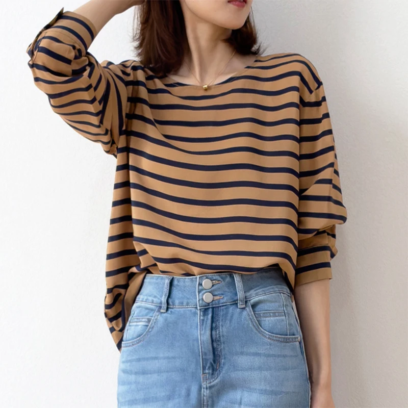 

100% Mulberry Silk Crepe De Chine Silk Women Long Sleeve Blouse Loose Black Coffee Striped Printed Pullover Top Shirt L XL M1150