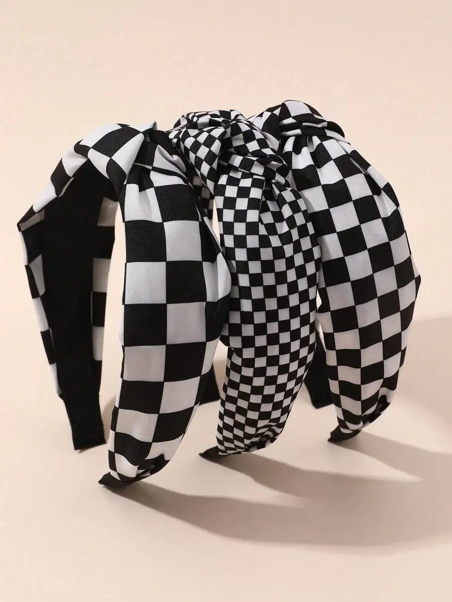 

3pcs Women’s Black White Checkerboard Knotted Hairbands In Large And Small Sizes For Daily Outdoor Use