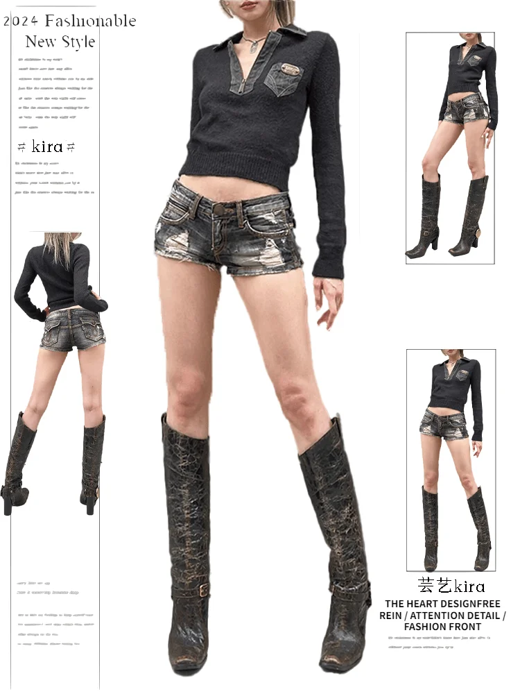 

Summer Women Ripped Washed Hole Hight Waist Denim Pants Short Bermuda Pant Casual Tassel Tight Five-point Stitch Street Pants
