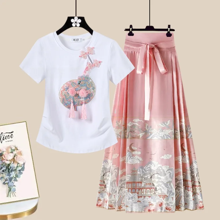 

Новый летний китайский комплект National Faion, женская модифицированная футболка Hanfu ort Sve с высокой талией, утягивающая юбка с хвостом...