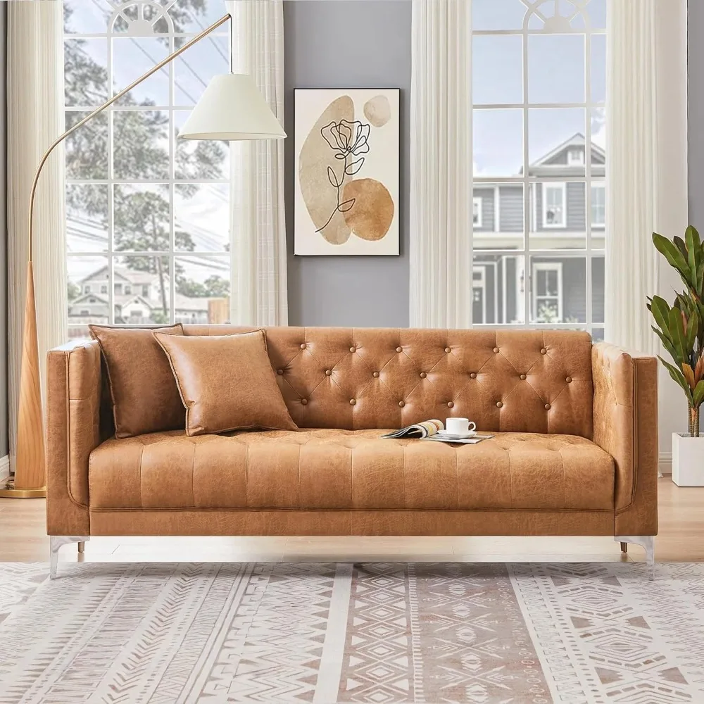 

79" W Brown Faux Leather Sofa Couch with 2 Pillows, 3 Seater Couches for Living Room, Handmade Button Tufted Cushions and Metal