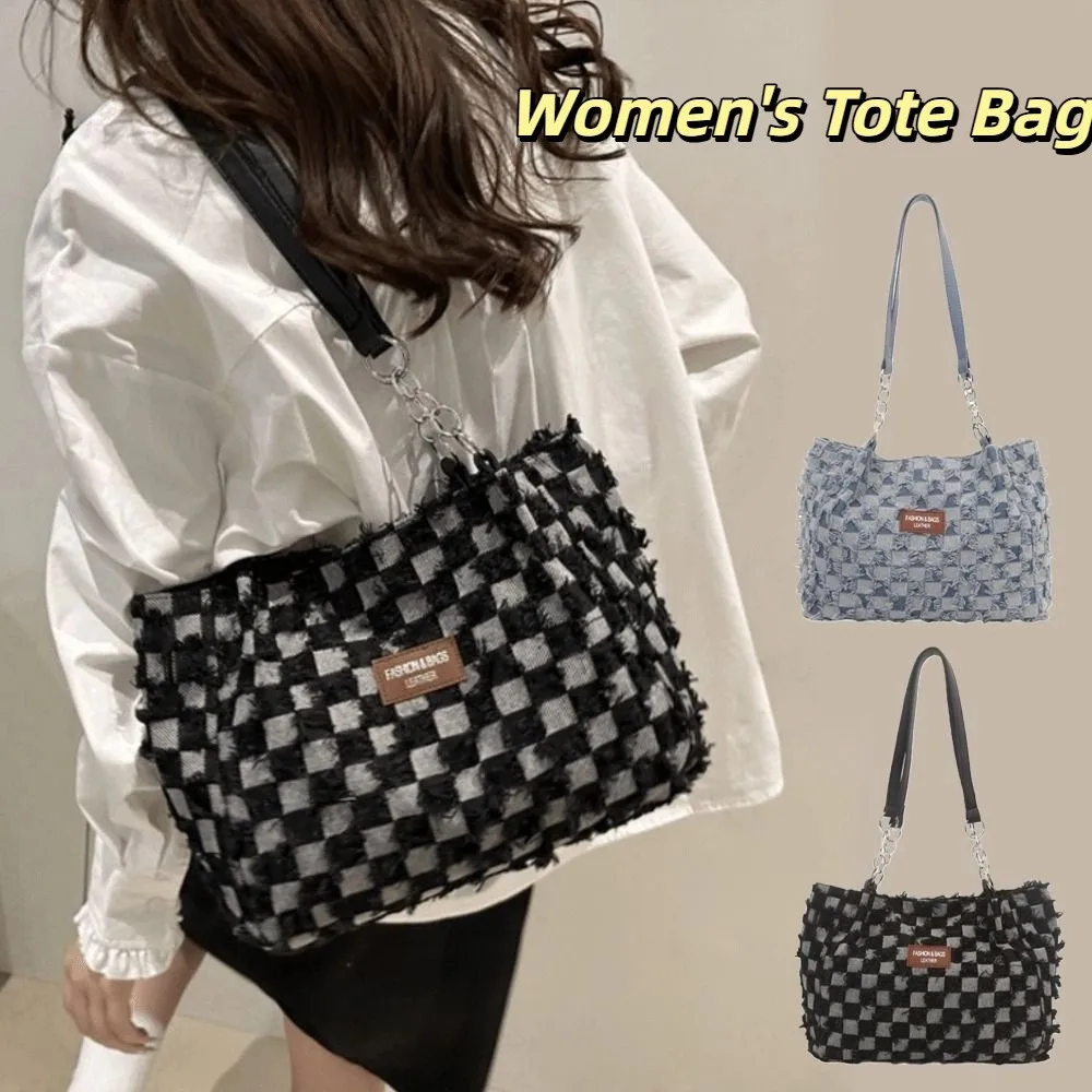 

Trendy Vintage Denim Shoulder Bags Beggar Style Jeans Women's Tote Bag Versatile Plaid Commuting Bags Ladies
