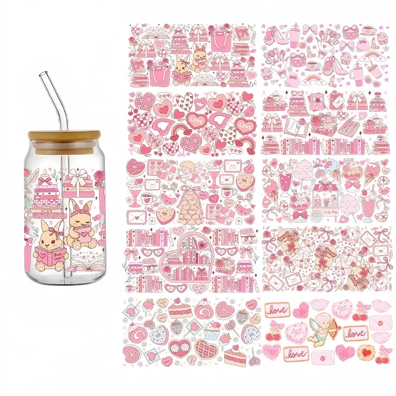 New Valentine's Day Theme UV DTF Wraps Cup 16oz Fashion Patter Transfer Sticker For Glass Mug Cup Decals Waterproof