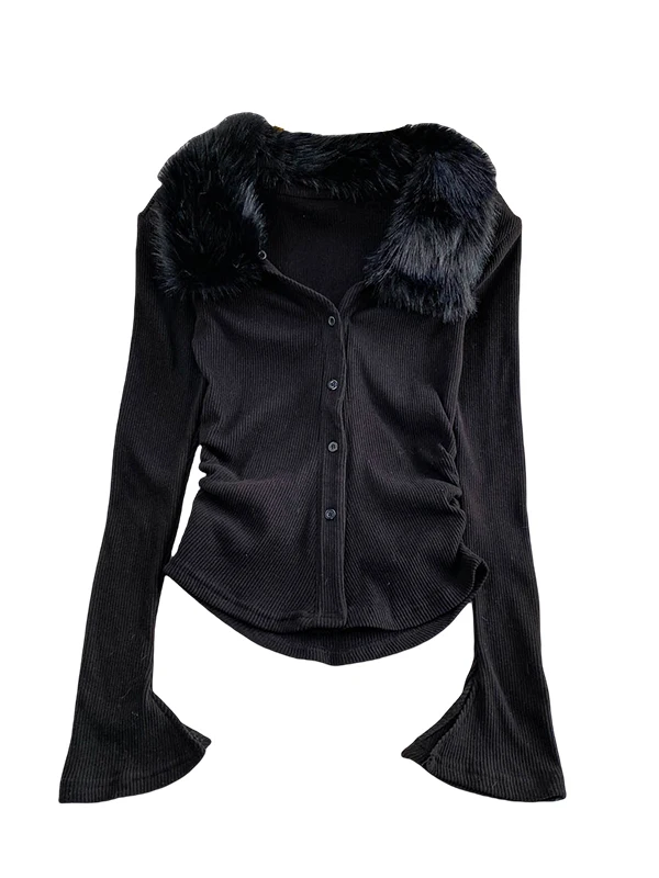 เสื้อคลุมคาร์ดิแกนเปิดไหล่ทรงวีเซ็กซี่สำหรับผู้หญิง ป้องกันริ้วรอย แต่งขนเฟอร์ จับจีบ ช่วยให้ดูผอม เอวเข้ารูป สไตล์เกาหลี เหมาะสำหรับใส่ไปทำงาน