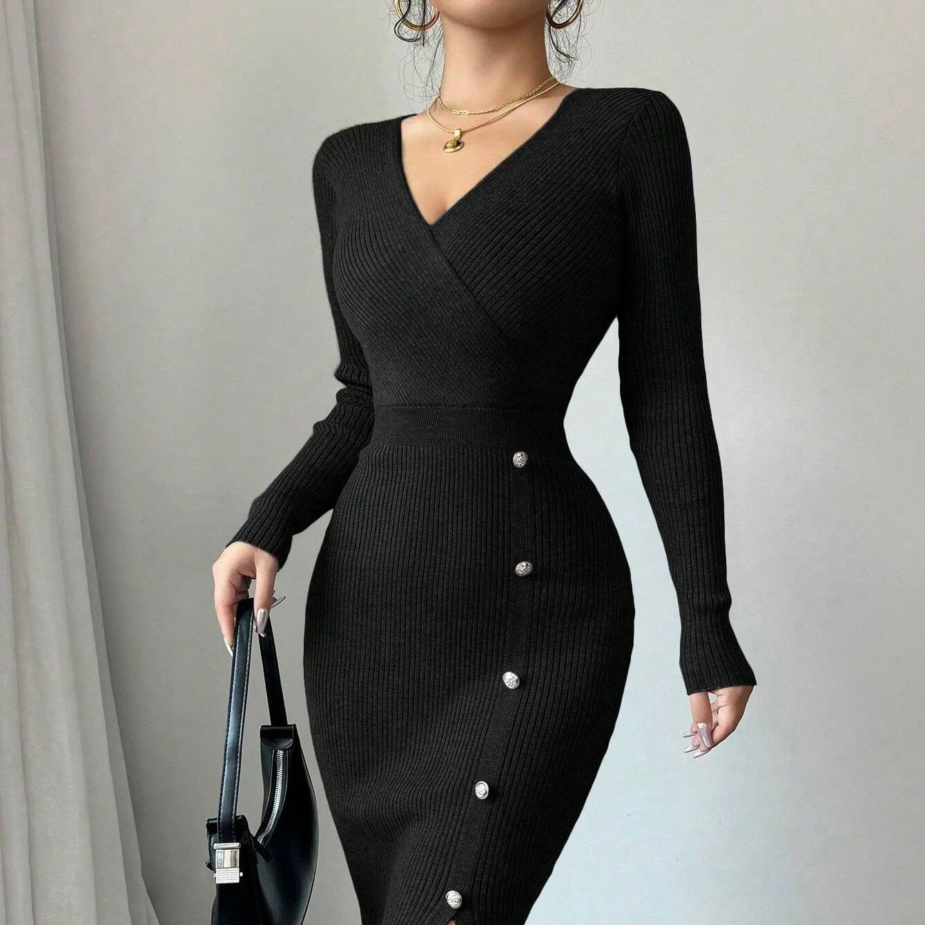 Vestido para outono e inverno 2025, comprimento médio cinched na cintura, saia que abraça os quadril com camada inferior, vestido de malha justo