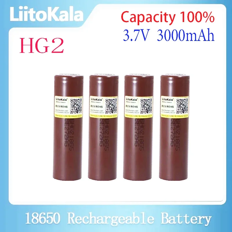 LiitoKala-Rechargeable Battery, 100% Original Genuine Product, HG2, 18650, 3000mAh, 3.6V, Discharge 20A