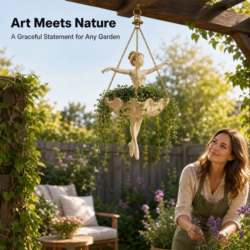 Decorative Ballerina Hanging Planter Hanging Basket Dual Use For Plant Pot Bird Feeder Waterer For Outdoor Patio Porch Art Decor