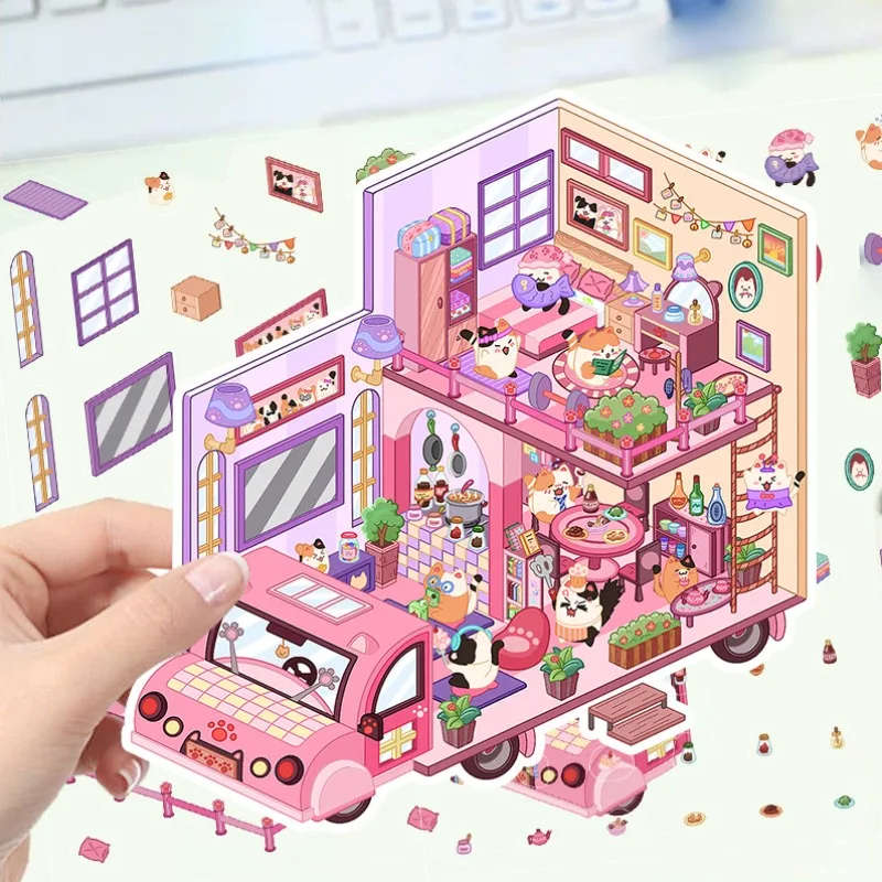 1Set DIY 3D Cat Caravan Landscaping Miniature Sticker Playroom RV Theme Sticker Stacking Pasting Gift For Kid Child Student