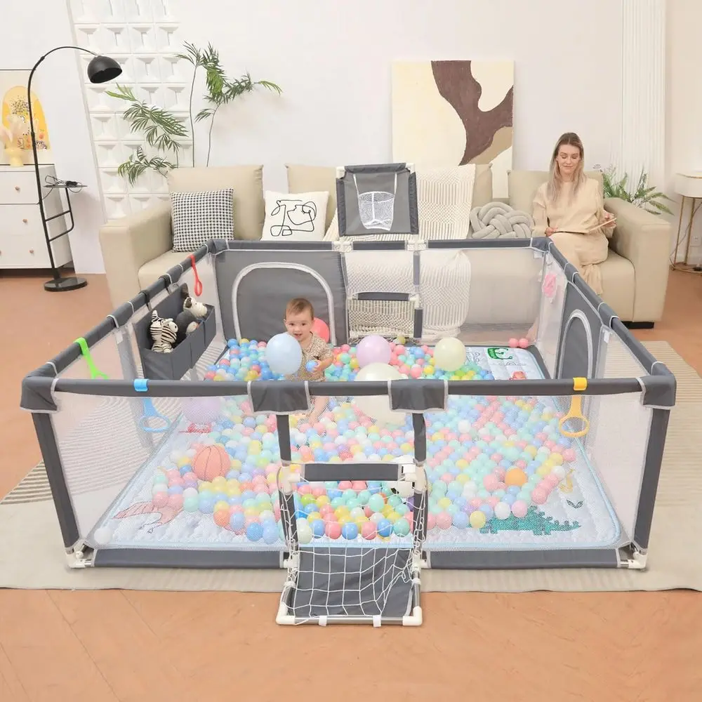 Parc gris avec tapis, 73x71, adapté aux bébés et aux tout-petits, utilisation extérieure et intérieure, design respirant avec accessoires