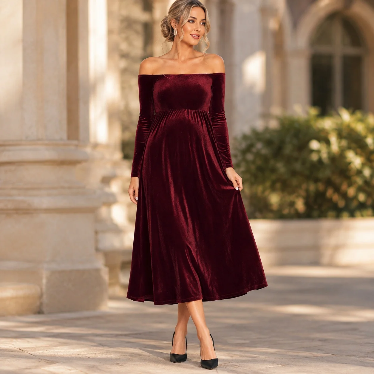 High Waist Gown Long Sleeve Midi Length English Style with Off Shoulder Elegant Style Regular Sleeve Pullover Autumn for Women