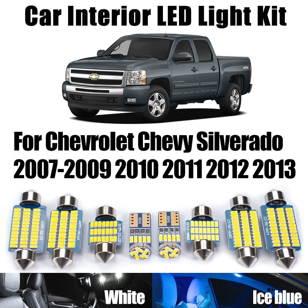 13Pcs No Error Canbus Vehicle LED Interior Dome Map Light Kit For Chevrolet Chevy Silverado 2007- 2012 2013 License Plate Bulbs