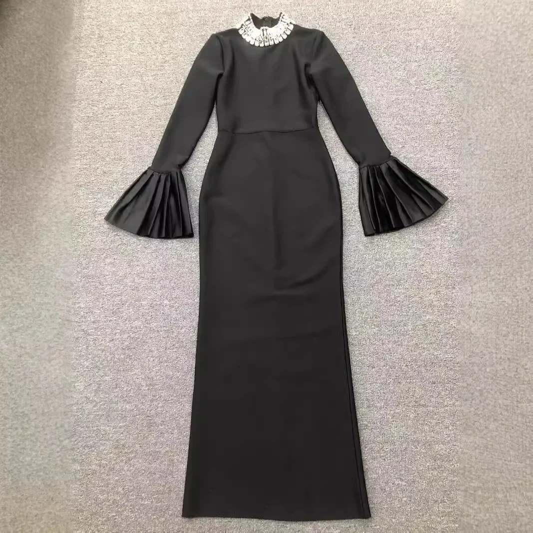 Black Long Bubble Sleeves, Half High Collar Diamond Studded Knitted Tight Bandage Dress Elegant Evening Gown Dress