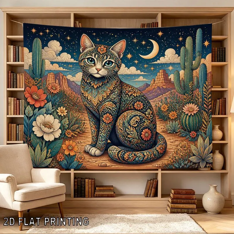 Boho Tapestry Wall Hanging Cat Desert Cacti Boho Home Decor Fantasy Art Whimsical Tapestry Poster for Living Room Bedroom