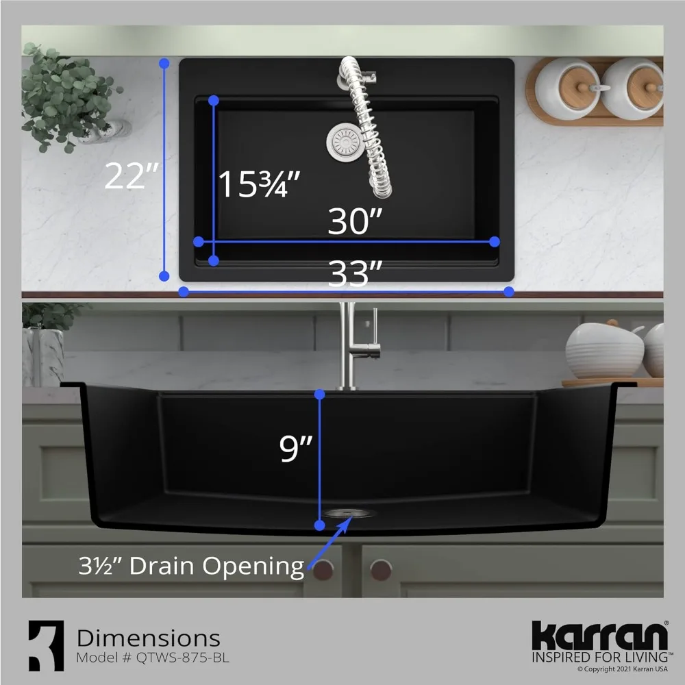 Küchenarmatur, obere Montage, 33 Zoll. Großes Quartz-Workstation-Spülbecken mit einer Schüssel in Schwarz, Küchenspülen