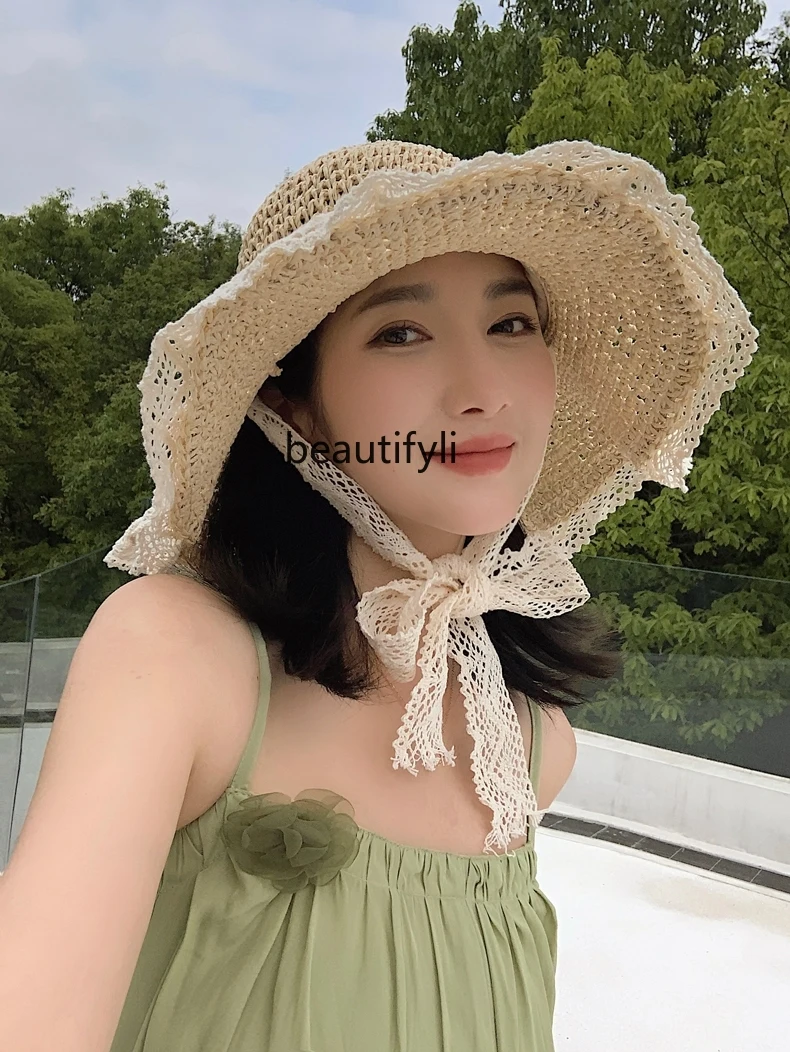 Lace Edge Hollow Straw Seaside Beach Sun Protection Sun Hat Strap Sun Hat with Wide Brim