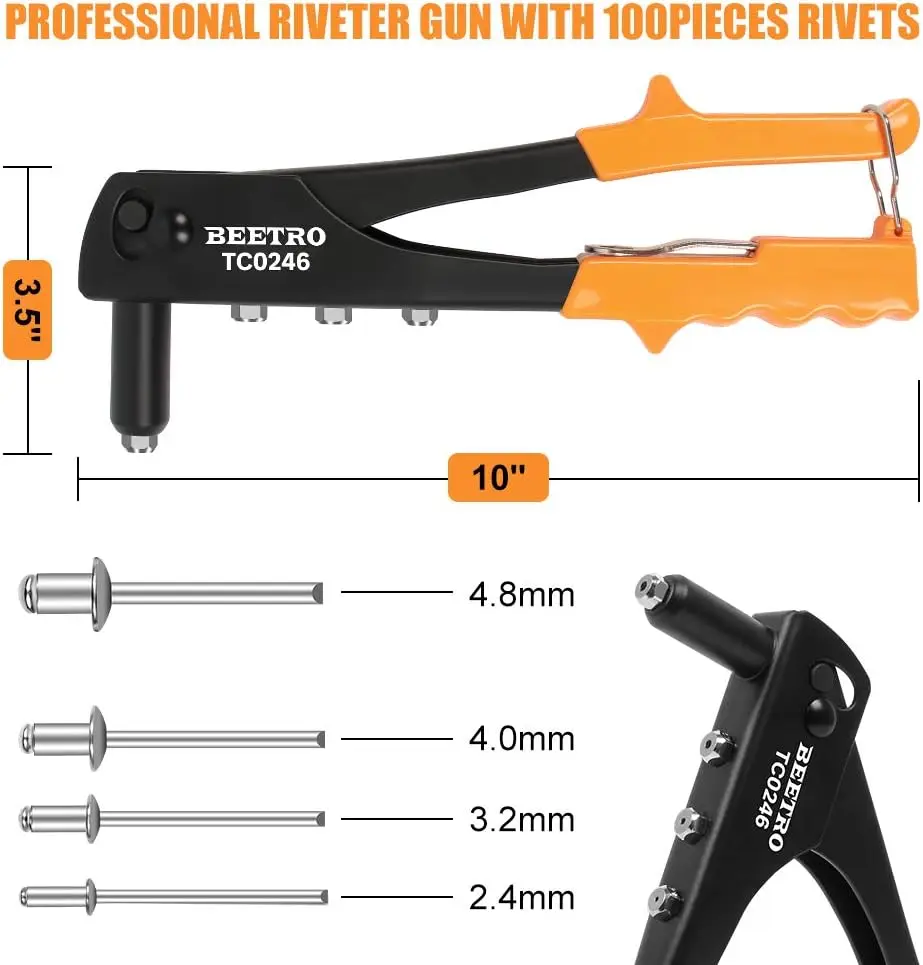 برشام يدوي عالي التحمل مع 4 قطع أنف و100 قطعة مسامير، للمعادن والبلاستيك والجلود