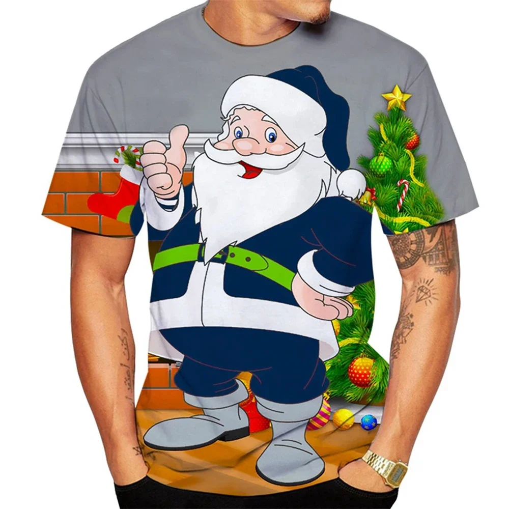Fashion Men's Merry Christmas Santa Reindeer Cartoon 3D Print T‑Shirt Snowflake Holiday Short‑Sleeve Party Graphic Tee Tops