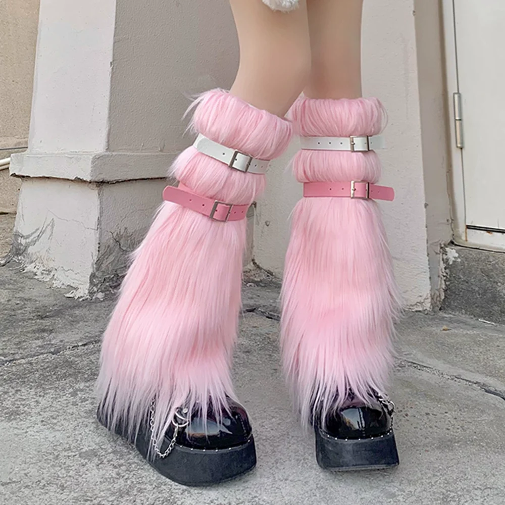 

Y2K гетры из искусственного меха для девочек Harajuku, японский стиль Лолиты, пушистый чехол для ботинок, панк, готическая кожаная пряжка, зимние теплые длинные носки