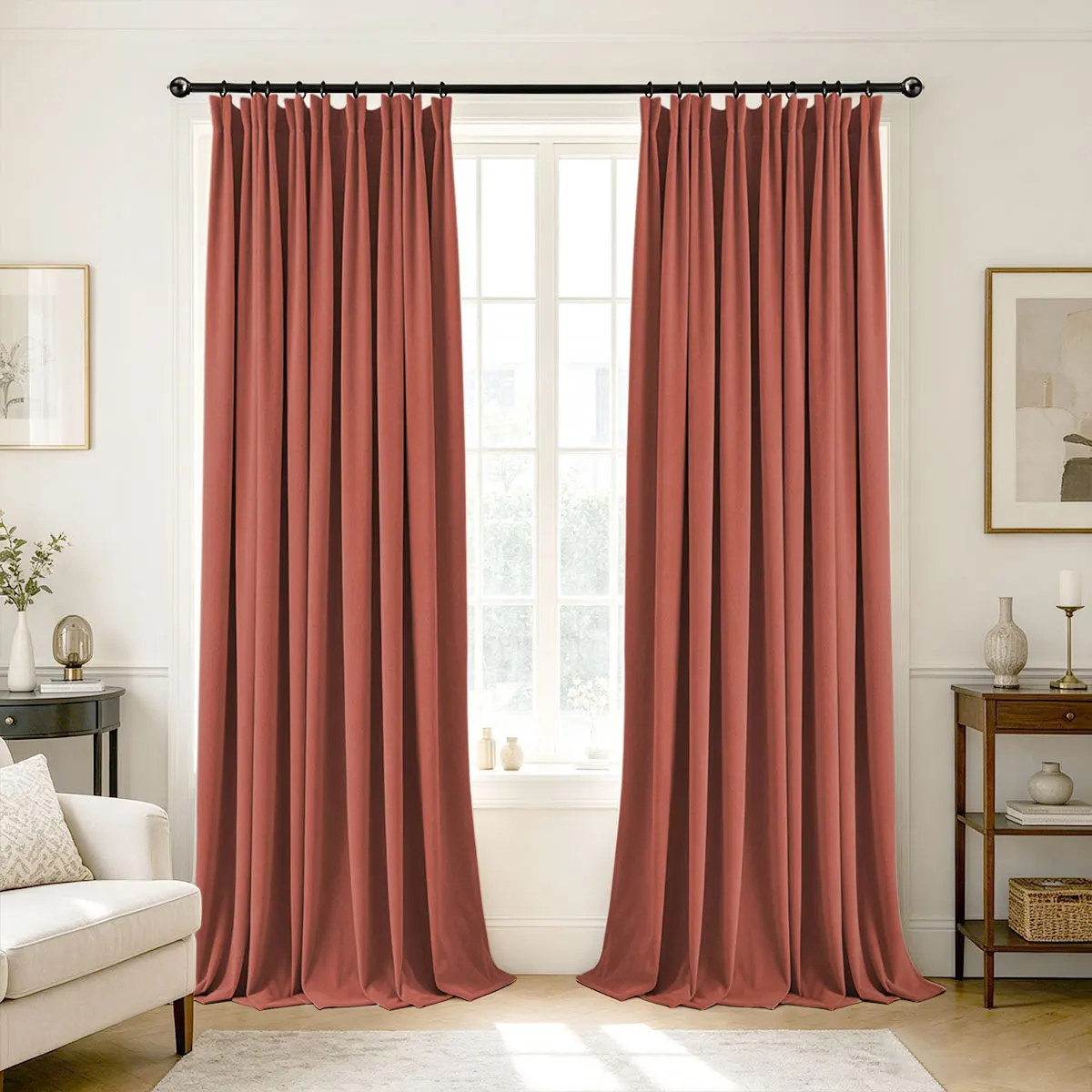 Brick Red Velvet Blackout Curtains 2‑Pack, Pinch Pleat Hook Top Drapes, Modern Solid Curtain for Bedroom Living Room Home Decor