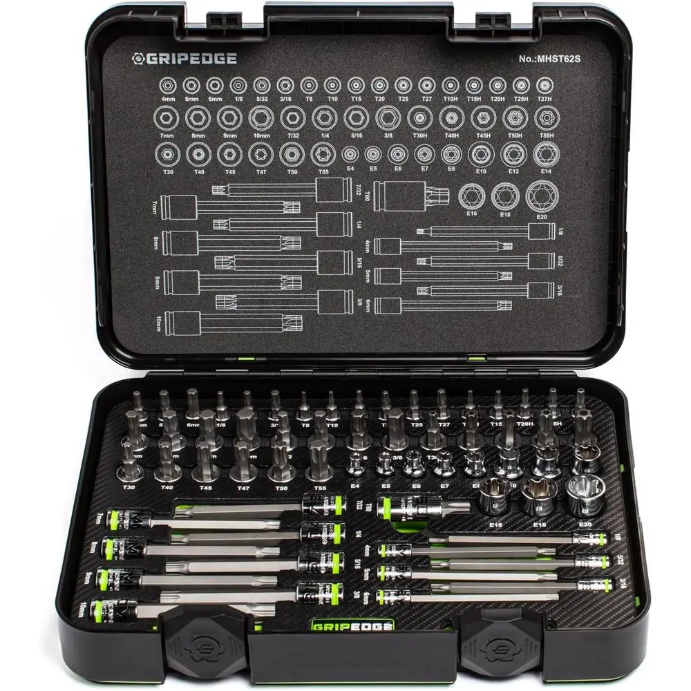 

62-Piece Master Hex & Star Driver Set | 1/4 to 1/2 Drive | Premium Plastic Case Included