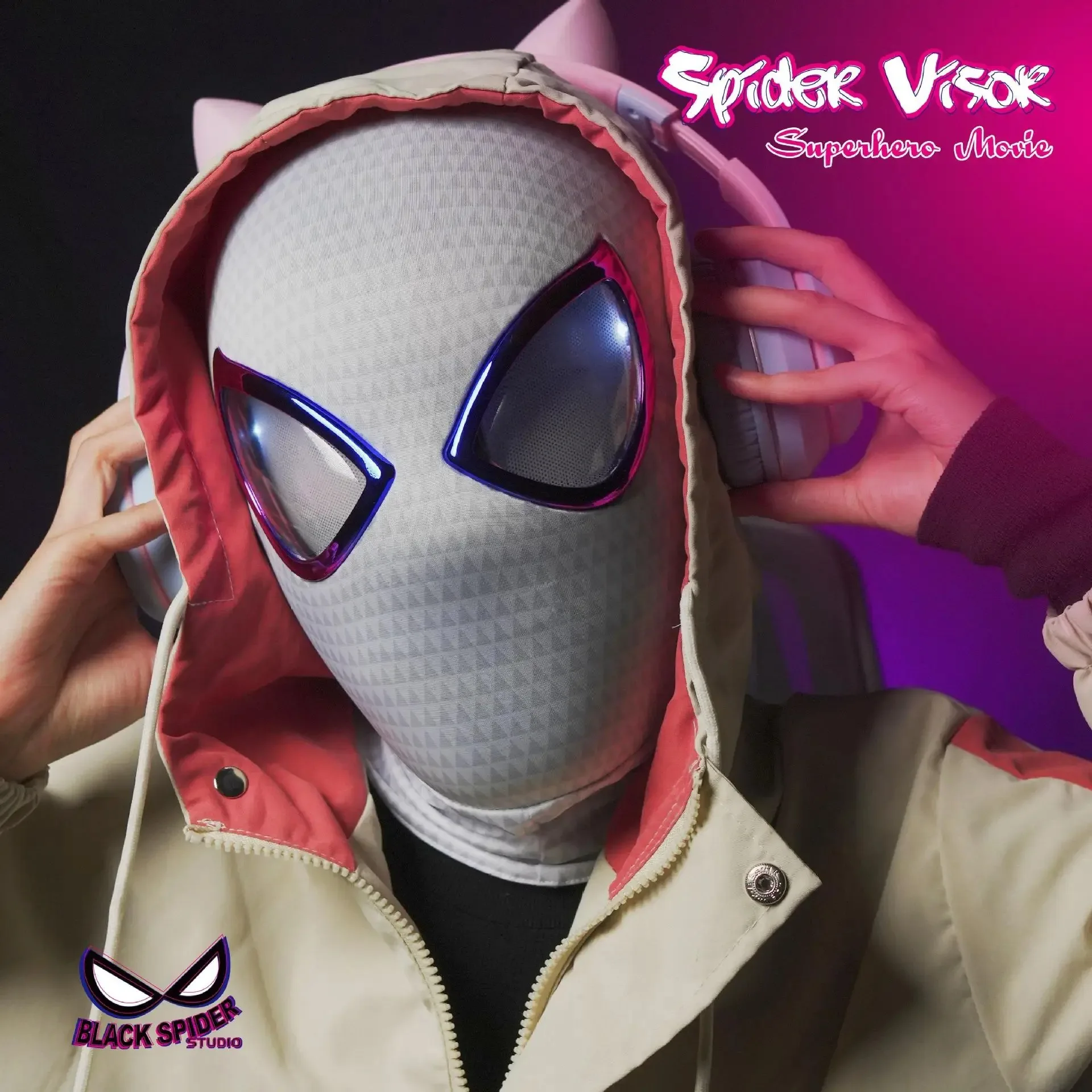 Remote Control Gwen Spiderman Headgear Cosplay Mask Moving Eyes Electronic Mask Spider Man Mask 1:1 Toys for Adults Kids Gift