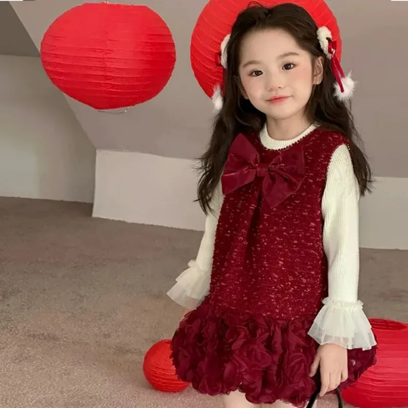 

Girls Princess Dress 2025 Autumn and Winter New Children's Christmas and New Year Red Bow Vest Dress Children 90-130cm