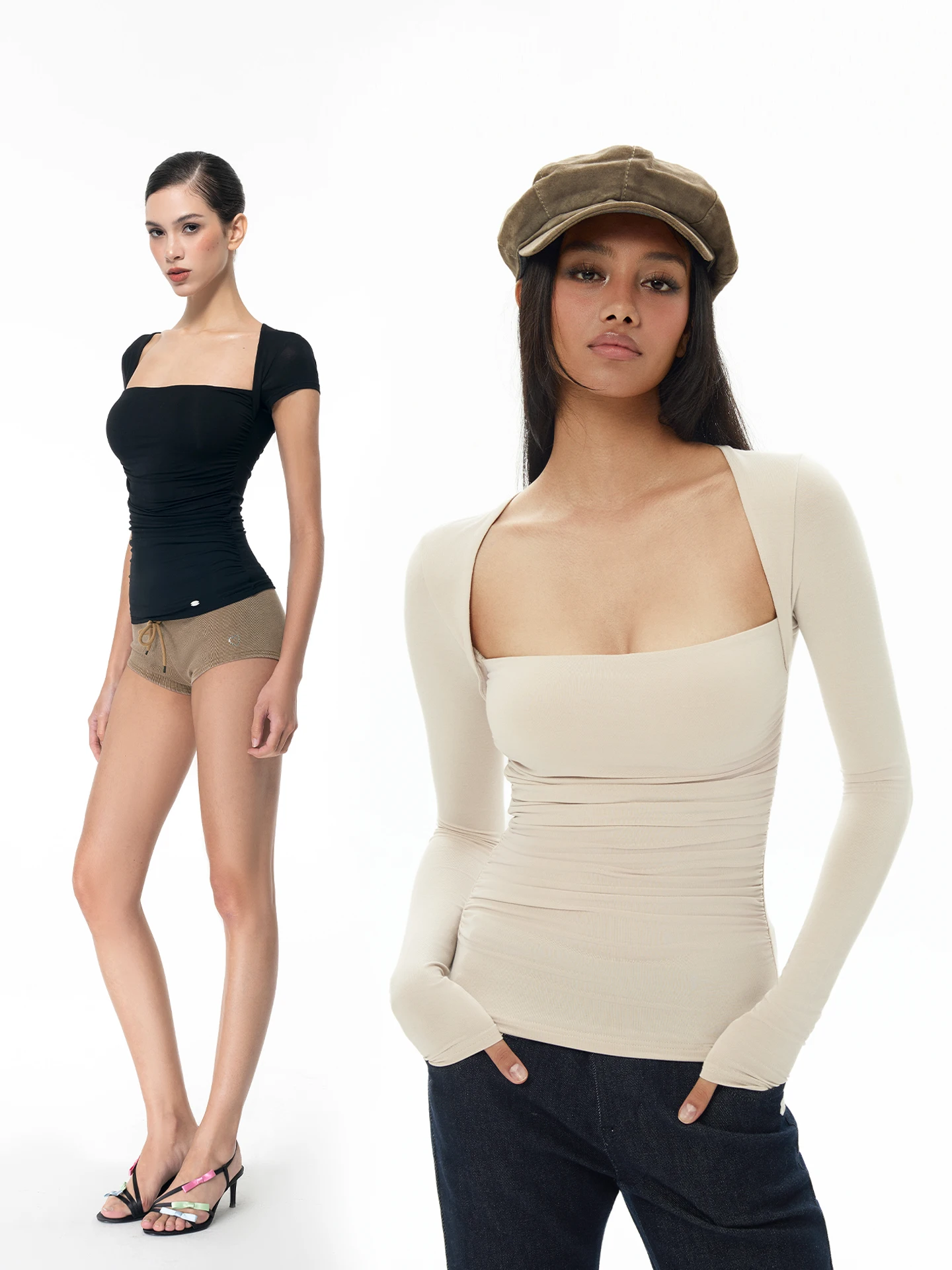 Abmy Modal Short Sleeve T-Shirt Women Slim Fit Flattering Short And Long Sleeve Square Collar T-Shirt with Chest Pad Top