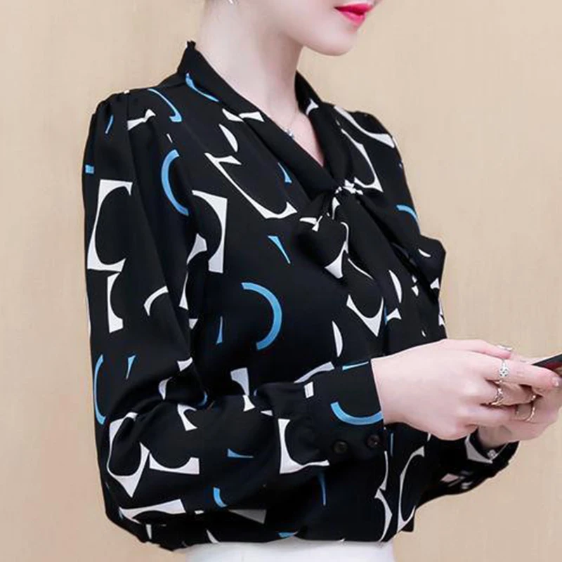 Spring Autumn Korean Print Chiffon Office Lady Shirt Fashion Design Tie Lantern Sleeve Bow Top Women Aesthetic Female Clothes