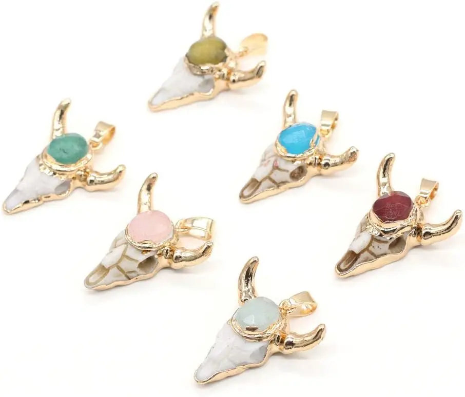 5Pcs Natural Stone Pendant Charms Skull Crystal Stone Pendant Cow Bone Head Gemstone Quartz Charms for Bracelet Necklace Jewelry Making 26x30mm
