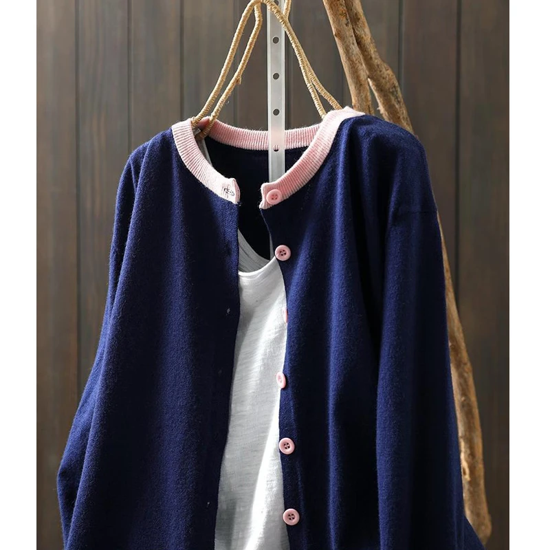 Women Trendy Simple Casual Contrast Color Chic Knitwears Spring Autumn O Neck Long Sleeve Loose Single Breasted Knitted Cardigan