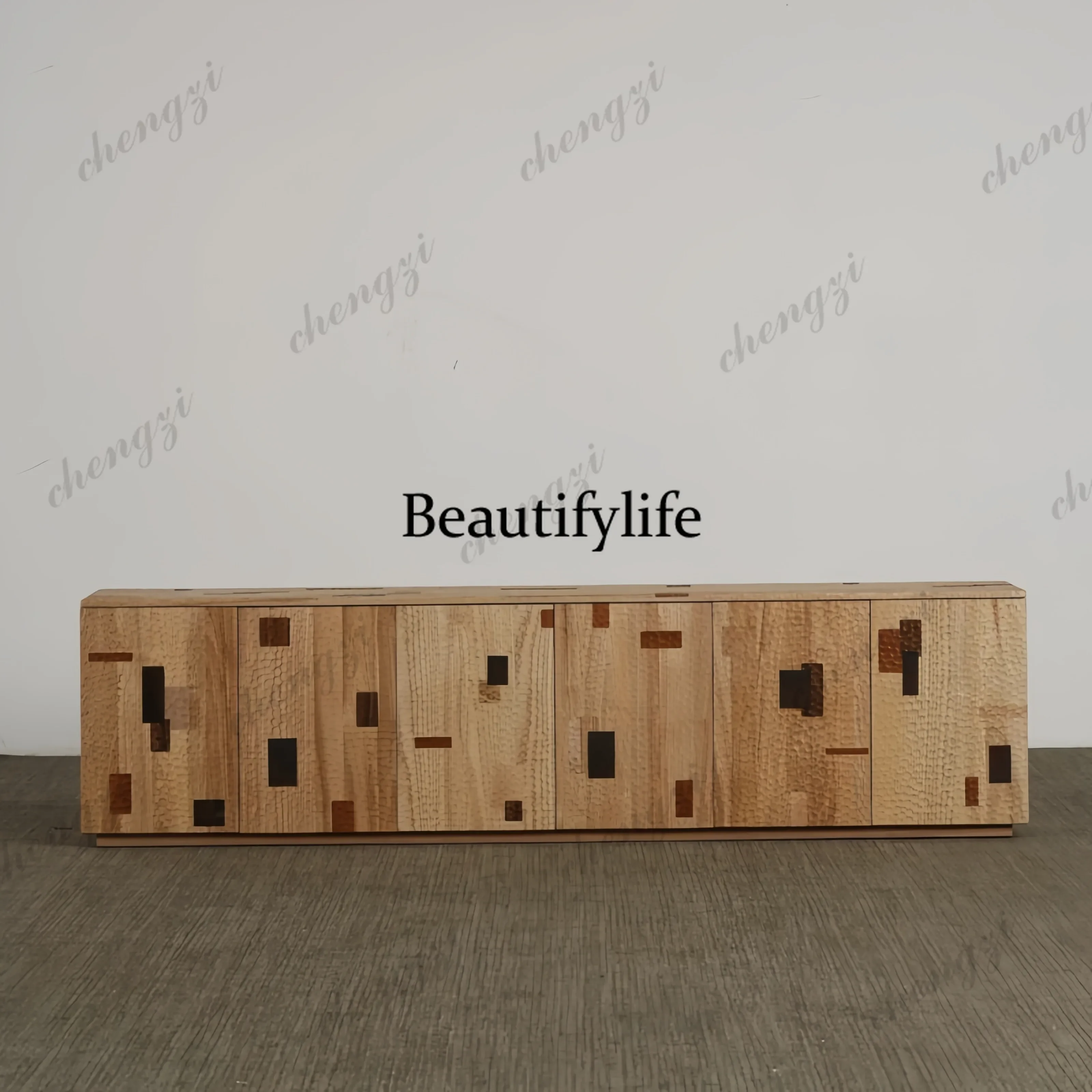 D136 Medieval style modern simple designer solid wood dining side cabinet geometric block design locker light luxury high sense