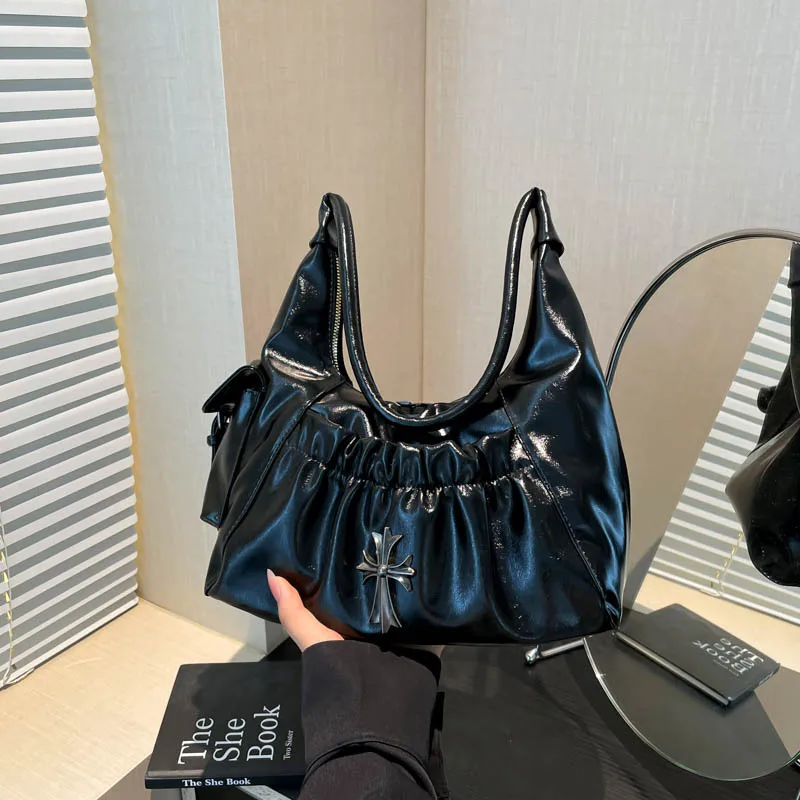 

2025 винтажные сумки на плечо Y2k, большая вместительная кожаная готическая сумка, универсальная сумка на плечо, кожаная сумка-хобо, эстетический кошелек