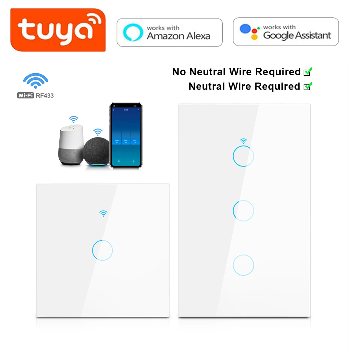 Tuya Wifi Smart Light Switch Interruptor Wall Touch Control Swtiches 110V 220V Neutral Wire Required Work with Alexa Google Home