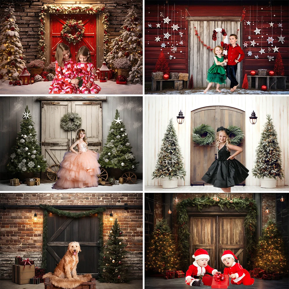 

Mocsicka Christmas Rustic Wooden Door Background Photography Winter Xmas Tree Garland Backdrop Kids Family Photo Studio Booth