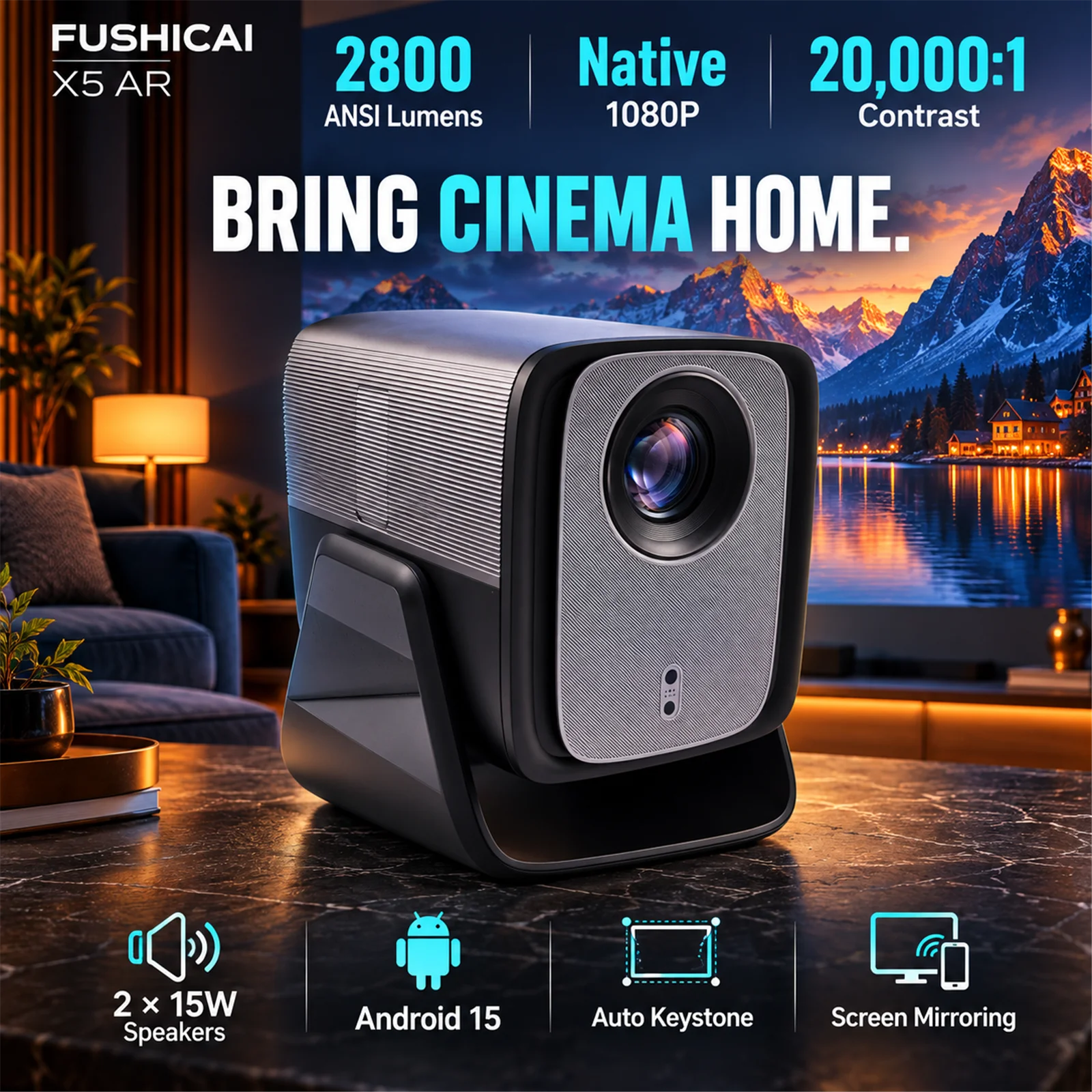 FUSHCAI Portable Projector X5 AR WiFi Projector with Android 15 H726 Dual-Band WiFi Bluetooth 5.4 AirPlay Home Cinema Projector