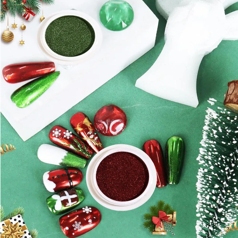 6 ขวด/ชุดคริสต์มาสเล็บกระจกสี Xms สะท้อนแสงเมทัลลิค โครเมียมเล็บกลิตเตอร์ผง DIY เทศกาลวันหยุดเล็บถูฝุ่น